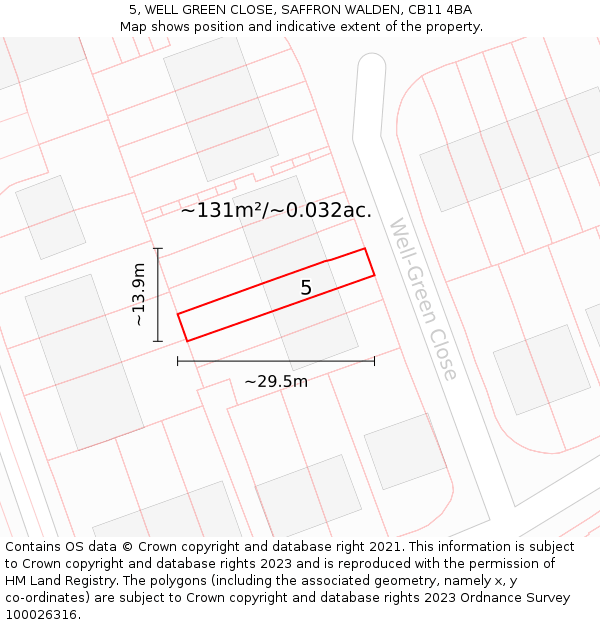 5, WELL GREEN CLOSE, SAFFRON WALDEN, CB11 4BA: Plot and title map