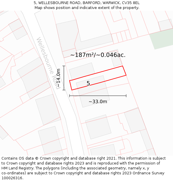 5, WELLESBOURNE ROAD, BARFORD, WARWICK, CV35 8EL: Plot and title map