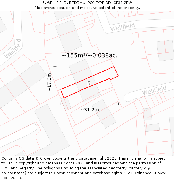 5, WELLFIELD, BEDDAU, PONTYPRIDD, CF38 2BW: Plot and title map