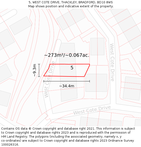 5, WEST COTE DRIVE, THACKLEY, BRADFORD, BD10 8WS: Plot and title map