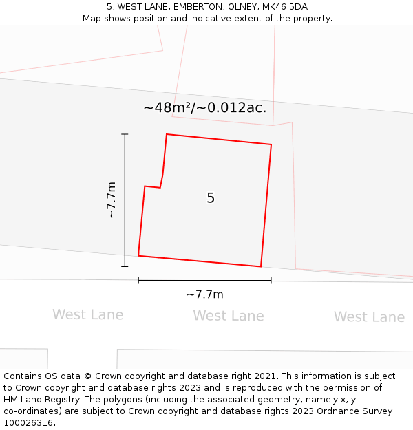 5, WEST LANE, EMBERTON, OLNEY, MK46 5DA: Plot and title map