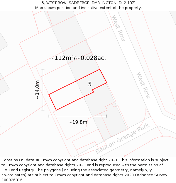 5, WEST ROW, SADBERGE, DARLINGTON, DL2 1RZ: Plot and title map