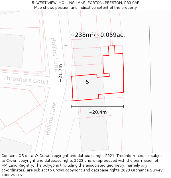 5, WEST VIEW, HOLLINS LANE, FORTON, PRESTON, PR3 0AB: Plot and title map