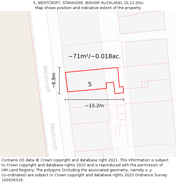 5, WESTCROFT, STANHOPE, BISHOP AUCKLAND, DL13 2NU: Plot and title map
