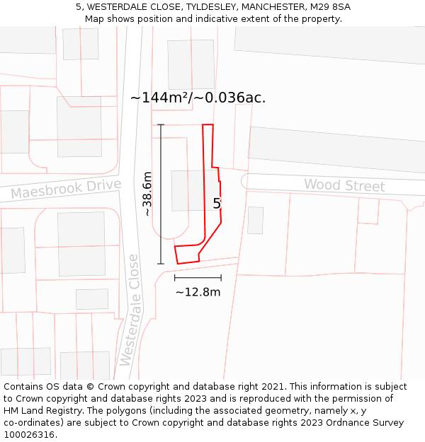 5, WESTERDALE CLOSE, TYLDESLEY, MANCHESTER, M29 8SA: Plot and title map