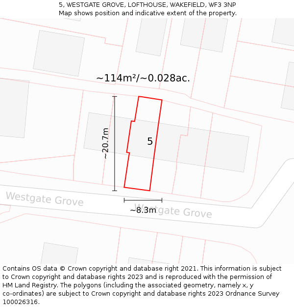 5, WESTGATE GROVE, LOFTHOUSE, WAKEFIELD, WF3 3NP: Plot and title map