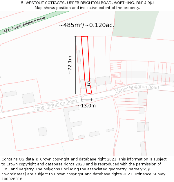 5, WESTOUT COTTAGES, UPPER BRIGHTON ROAD, WORTHING, BN14 9JU: Plot and title map