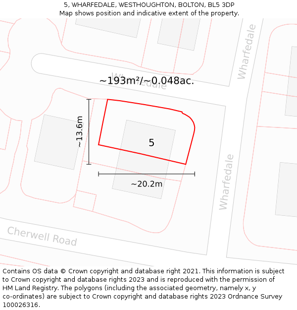 5, WHARFEDALE, WESTHOUGHTON, BOLTON, BL5 3DP: Plot and title map