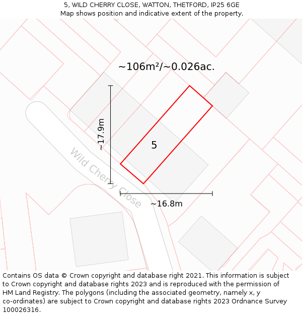 5, WILD CHERRY CLOSE, WATTON, THETFORD, IP25 6GE: Plot and title map