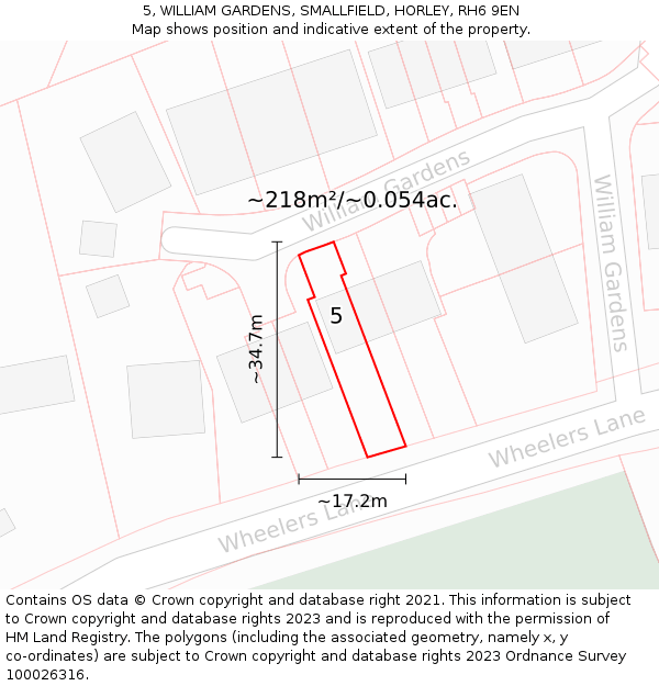 5, WILLIAM GARDENS, SMALLFIELD, HORLEY, RH6 9EN: Plot and title map