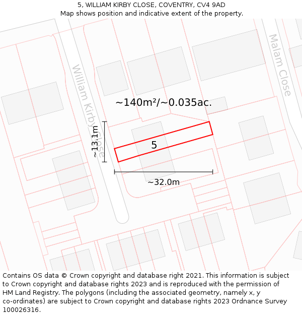 5, WILLIAM KIRBY CLOSE, COVENTRY, CV4 9AD: Plot and title map