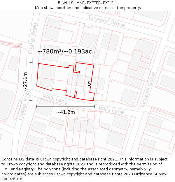 5, WILLS LANE, EXETER, EX1 3LL: Plot and title map