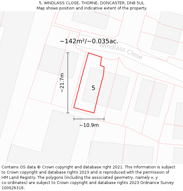 5, WINDLASS CLOSE, THORNE, DONCASTER, DN8 5UL: Plot and title map