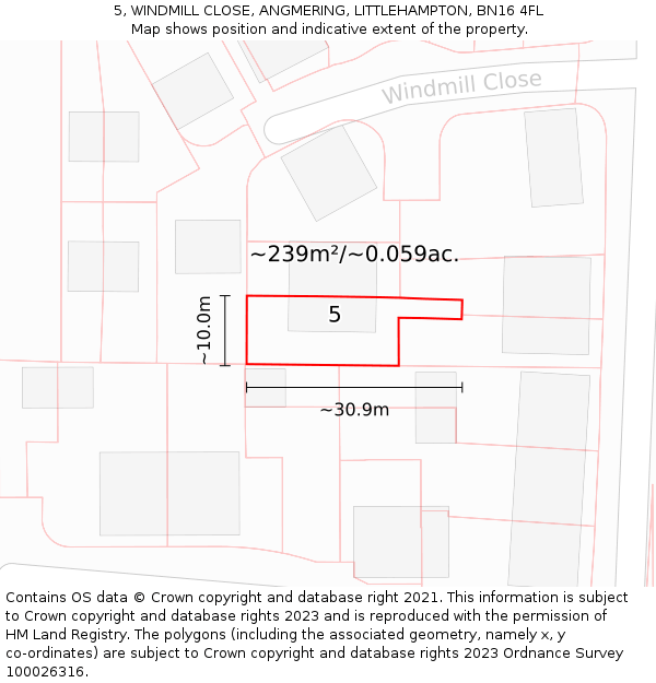 5, WINDMILL CLOSE, ANGMERING, LITTLEHAMPTON, BN16 4FL: Plot and title map