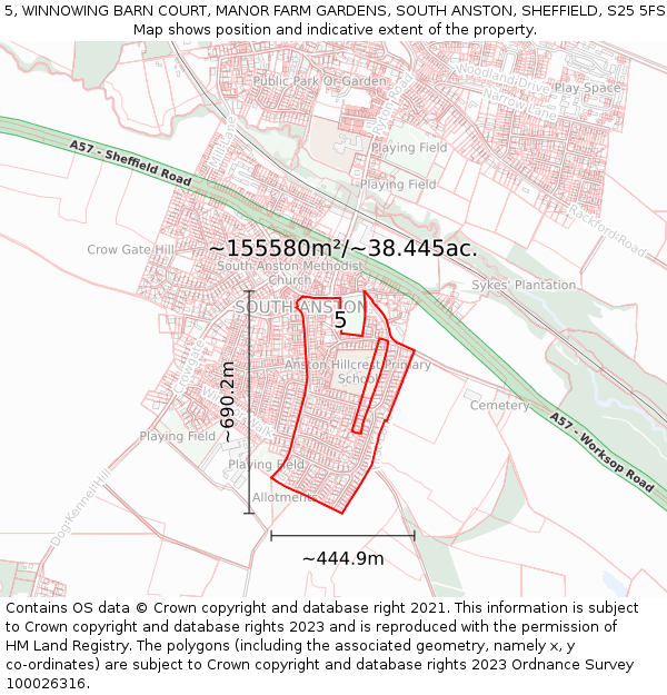 5, WINNOWING BARN COURT, MANOR FARM GARDENS, SOUTH ANSTON, SHEFFIELD, S25 5FS: Plot and title map