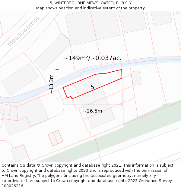 5, WINTERBOURNE MEWS, OXTED, RH8 9LY: Plot and title map