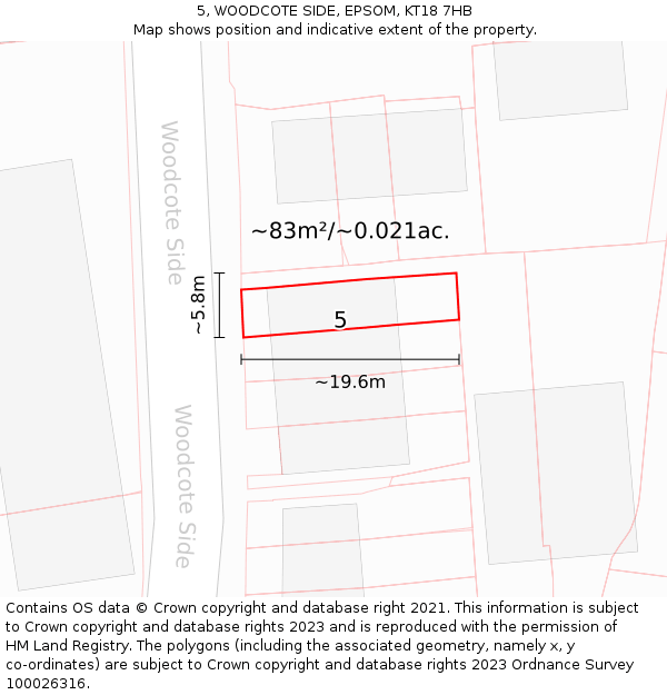 5, WOODCOTE SIDE, EPSOM, KT18 7HB: Plot and title map