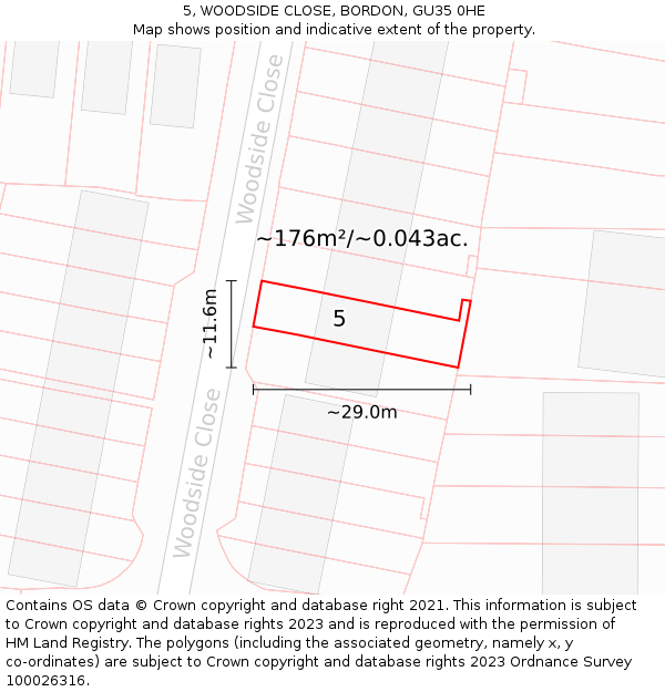 5, WOODSIDE CLOSE, BORDON, GU35 0HE: Plot and title map