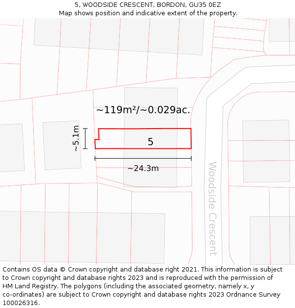 5, WOODSIDE CRESCENT, BORDON, GU35 0EZ: Plot and title map