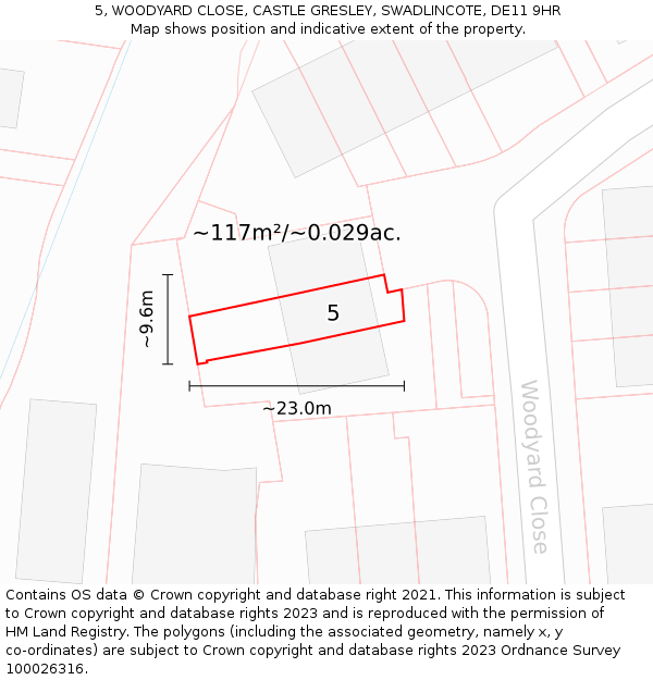 5, WOODYARD CLOSE, CASTLE GRESLEY, SWADLINCOTE, DE11 9HR: Plot and title map