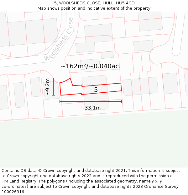 5, WOOLSHEDS CLOSE, HULL, HU5 4GD: Plot and title map