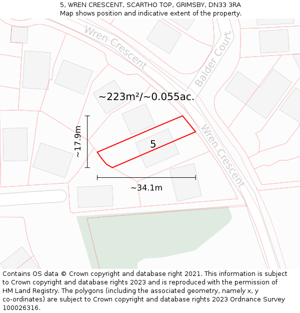5, WREN CRESCENT, SCARTHO TOP, GRIMSBY, DN33 3RA: Plot and title map