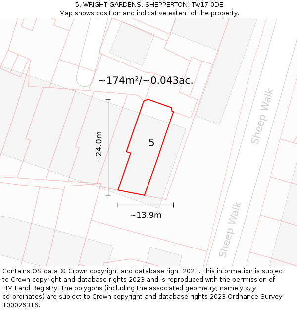 5, WRIGHT GARDENS, SHEPPERTON, TW17 0DE: Plot and title map