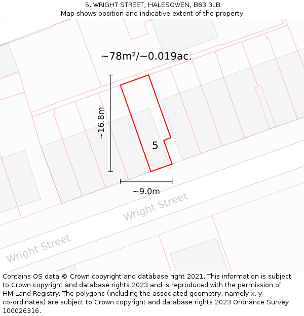 5, WRIGHT STREET, HALESOWEN, B63 3LB: Plot and title map
