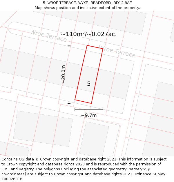 5, WROE TERRACE, WYKE, BRADFORD, BD12 8AE: Plot and title map