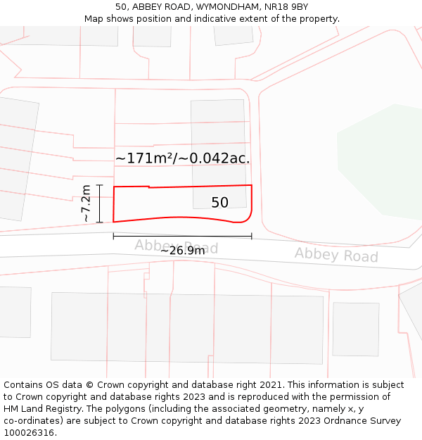 50, ABBEY ROAD, WYMONDHAM, NR18 9BY: Plot and title map