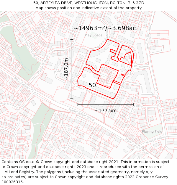 50, ABBEYLEA DRIVE, WESTHOUGHTON, BOLTON, BL5 3ZD: Plot and title map