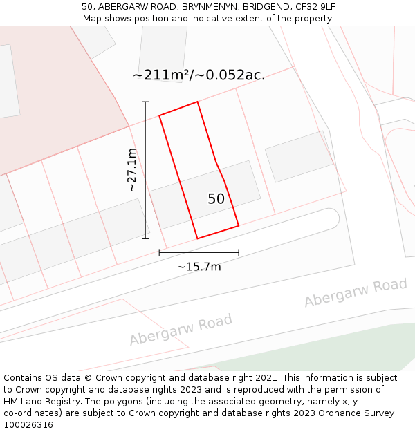 50, ABERGARW ROAD, BRYNMENYN, BRIDGEND, CF32 9LF: Plot and title map