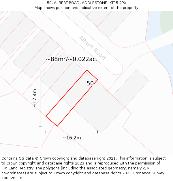 50, ALBERT ROAD, ADDLESTONE, KT15 2PX: Plot and title map