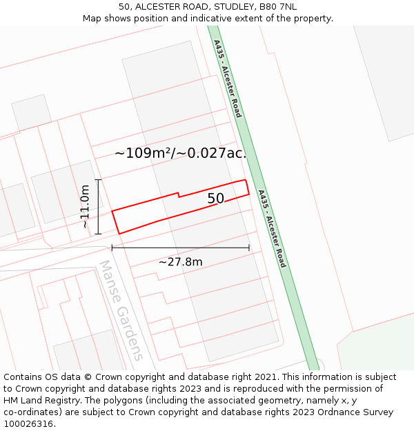 50, ALCESTER ROAD, STUDLEY, B80 7NL: Plot and title map
