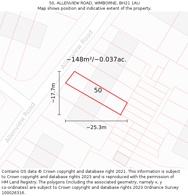 50, ALLENVIEW ROAD, WIMBORNE, BH21 1AU: Plot and title map