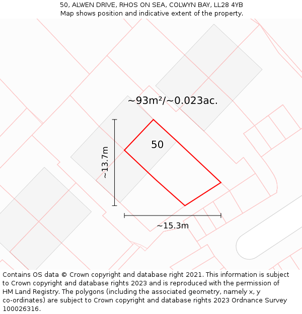 50, ALWEN DRIVE, RHOS ON SEA, COLWYN BAY, LL28 4YB: Plot and title map