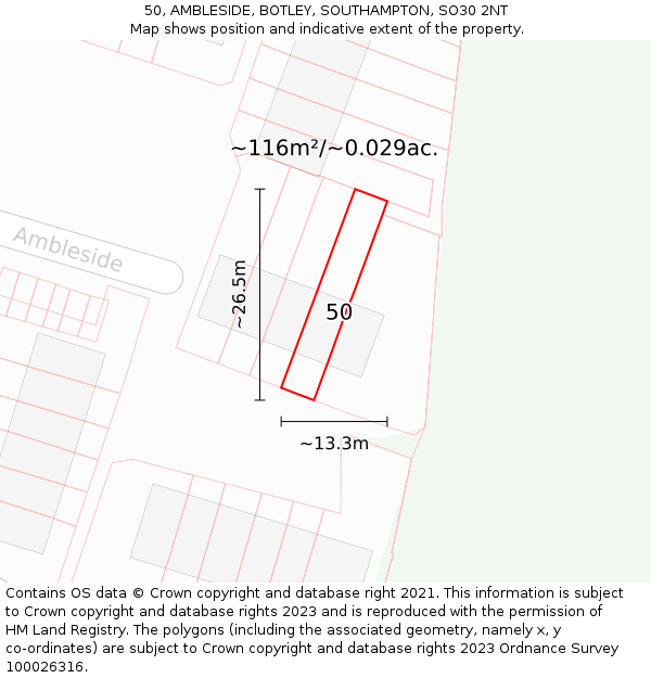 50, AMBLESIDE, BOTLEY, SOUTHAMPTON, SO30 2NT: Plot and title map