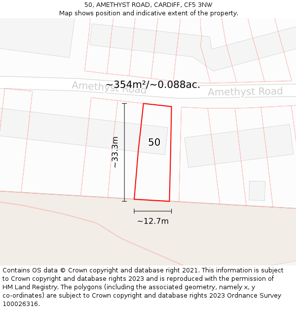 50, AMETHYST ROAD, CARDIFF, CF5 3NW: Plot and title map