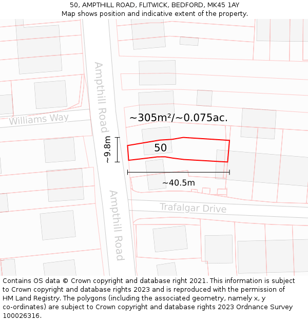 50, AMPTHILL ROAD, FLITWICK, BEDFORD, MK45 1AY: Plot and title map