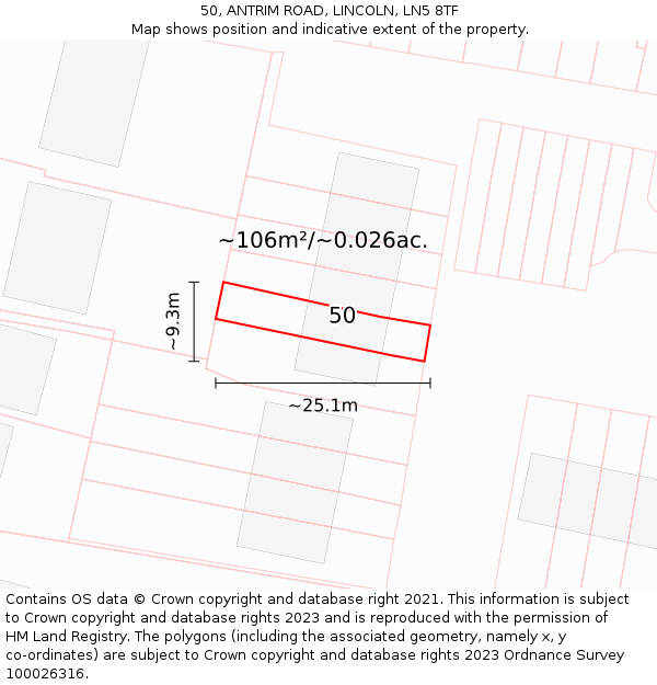50, ANTRIM ROAD, LINCOLN, LN5 8TF: Plot and title map