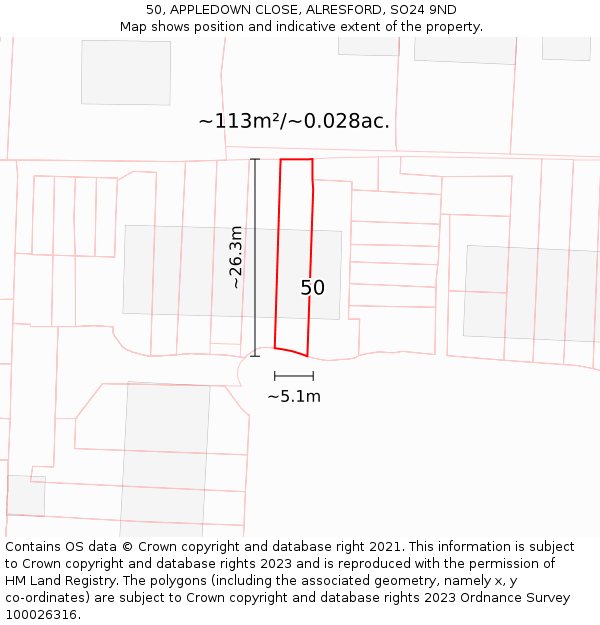 50, APPLEDOWN CLOSE, ALRESFORD, SO24 9ND: Plot and title map