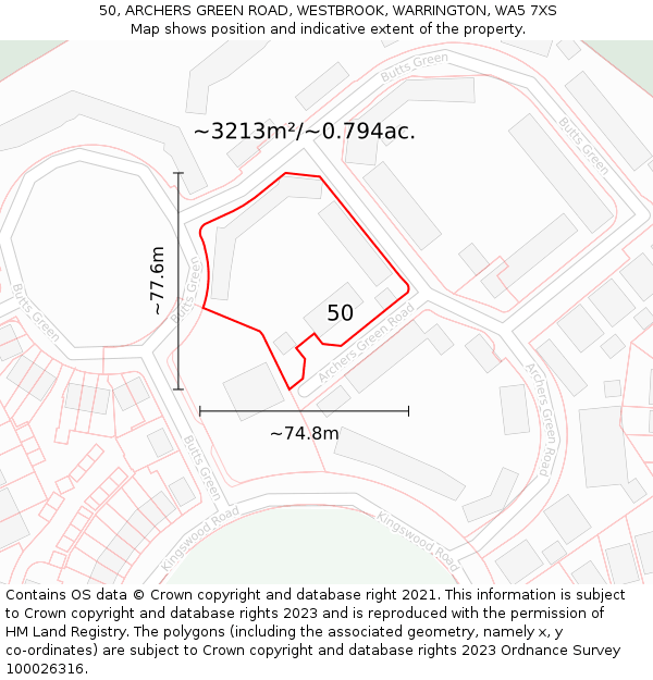 50, ARCHERS GREEN ROAD, WESTBROOK, WARRINGTON, WA5 7XS: Plot and title map