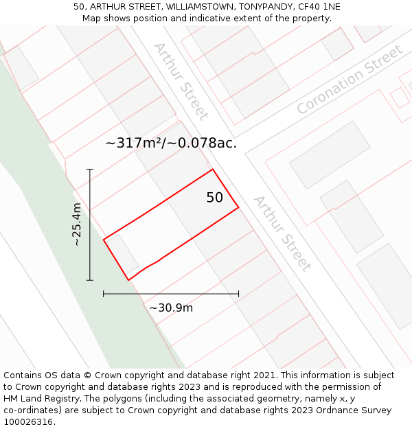 50, ARTHUR STREET, WILLIAMSTOWN, TONYPANDY, CF40 1NE: Plot and title map