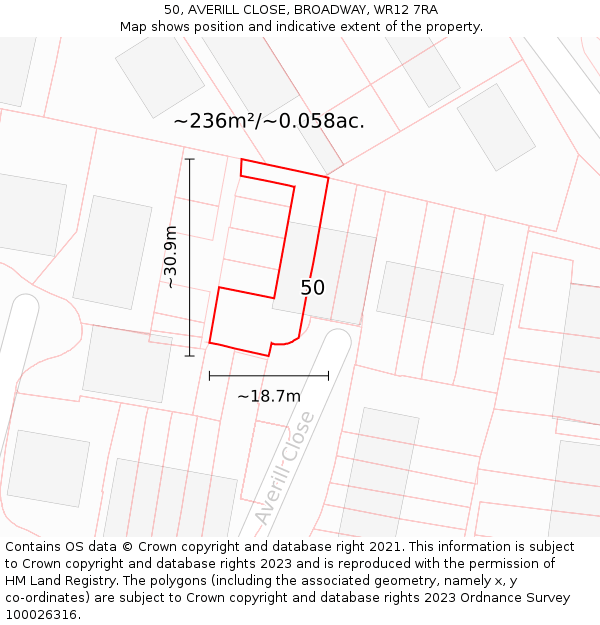 50, AVERILL CLOSE, BROADWAY, WR12 7RA: Plot and title map