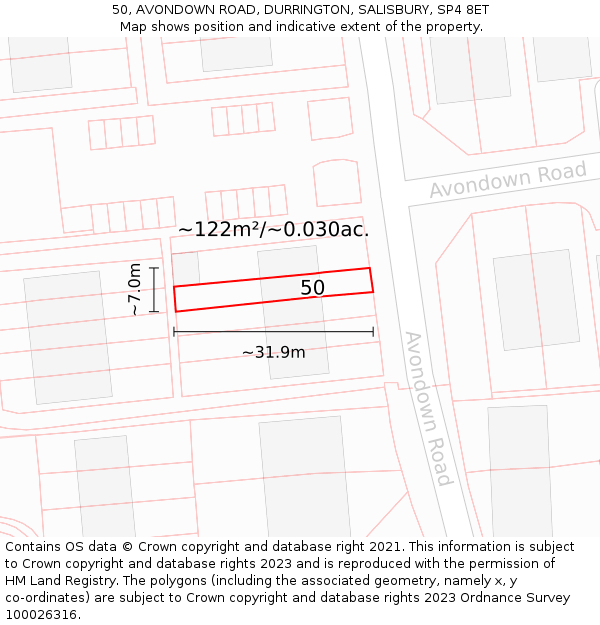 50, AVONDOWN ROAD, DURRINGTON, SALISBURY, SP4 8ET: Plot and title map