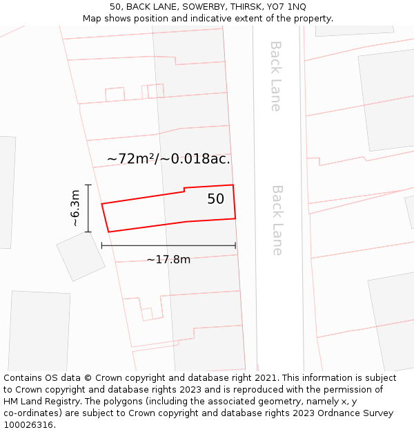 50, BACK LANE, SOWERBY, THIRSK, YO7 1NQ: Plot and title map