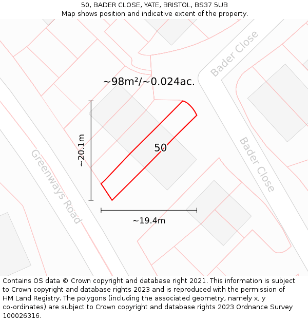 50, BADER CLOSE, YATE, BRISTOL, BS37 5UB: Plot and title map