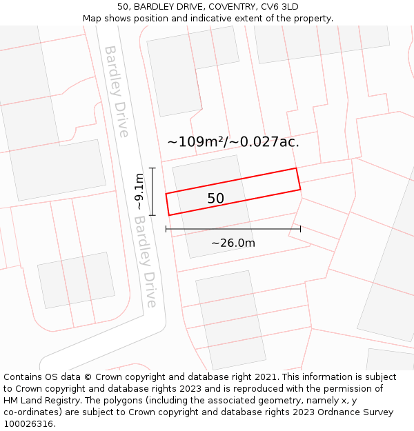 50, BARDLEY DRIVE, COVENTRY, CV6 3LD: Plot and title map