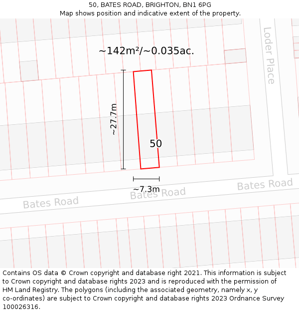 50, BATES ROAD, BRIGHTON, BN1 6PG: Plot and title map