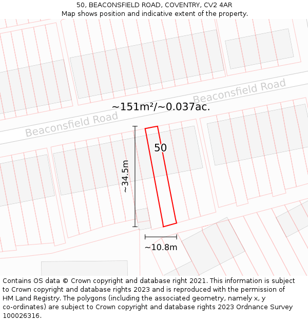 50, BEACONSFIELD ROAD, COVENTRY, CV2 4AR: Plot and title map